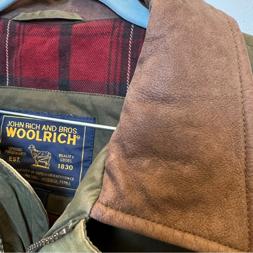 VTG Woolrich Men Bomber Jacket Thermore Green Brown Leather Size XL Rustic Cabin